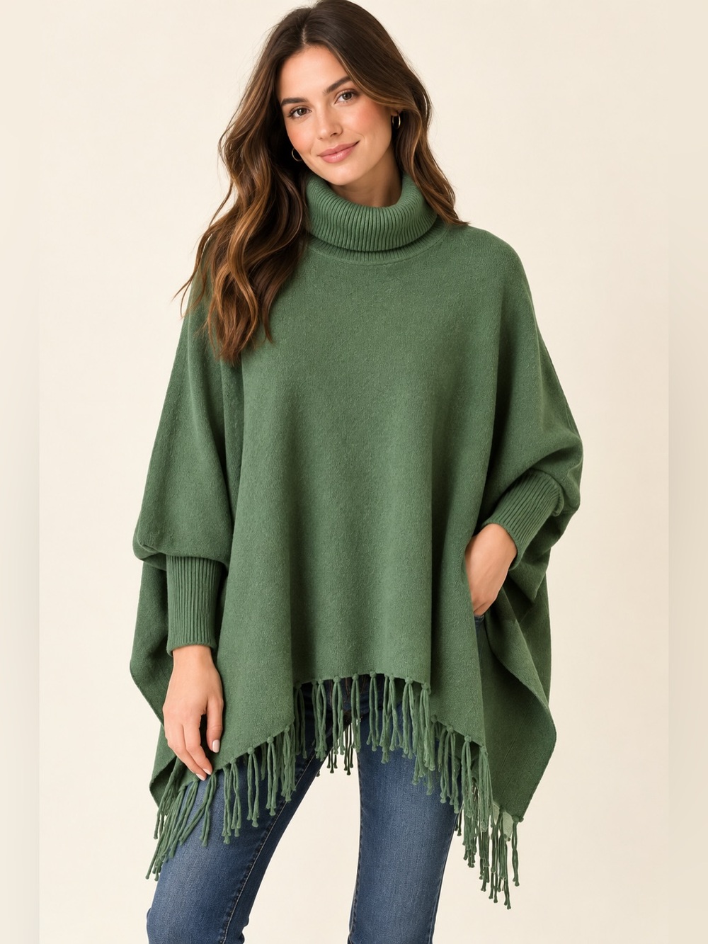 House of Harlow 1960 Turtleneck Sweater Poncho fringe Green in One Size rayon